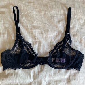 SOLD SAVAGE X FENTY FISHNET AND LACE UNLINED DEMI CUP BLACK CAVIAR BRA 34B